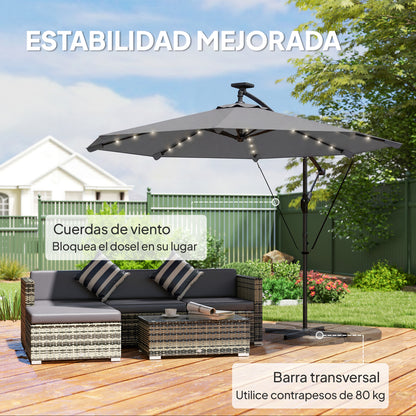 Outsunny Parasol Excéntrico Con Luces Led Solares Base Cruzada 330x295 Cm Gris_5