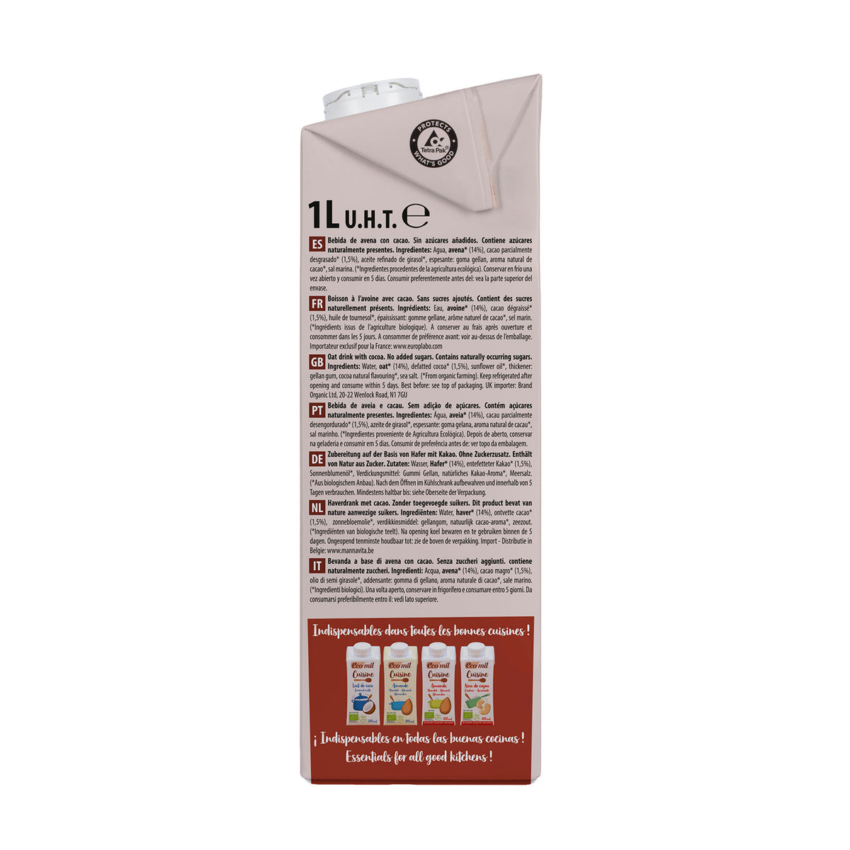 Pack 6 x Bebida de Avena Cacao Bio Ecomil 1 L