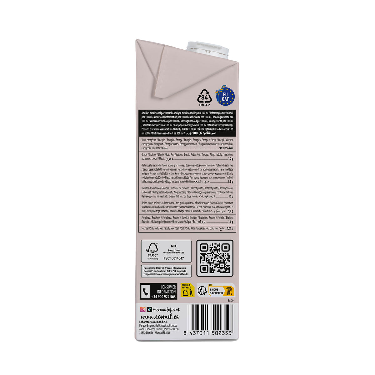 Pack 6 x Bebida de Avena Cacao Bio Ecomil 1 L