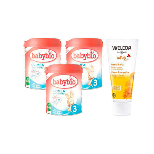 Pack especial Crema de Pañal de Caléndula Weleda 75ml + Pack 3 x Leche Primea 3 (10 meses a 3 años) Babybio 800 g