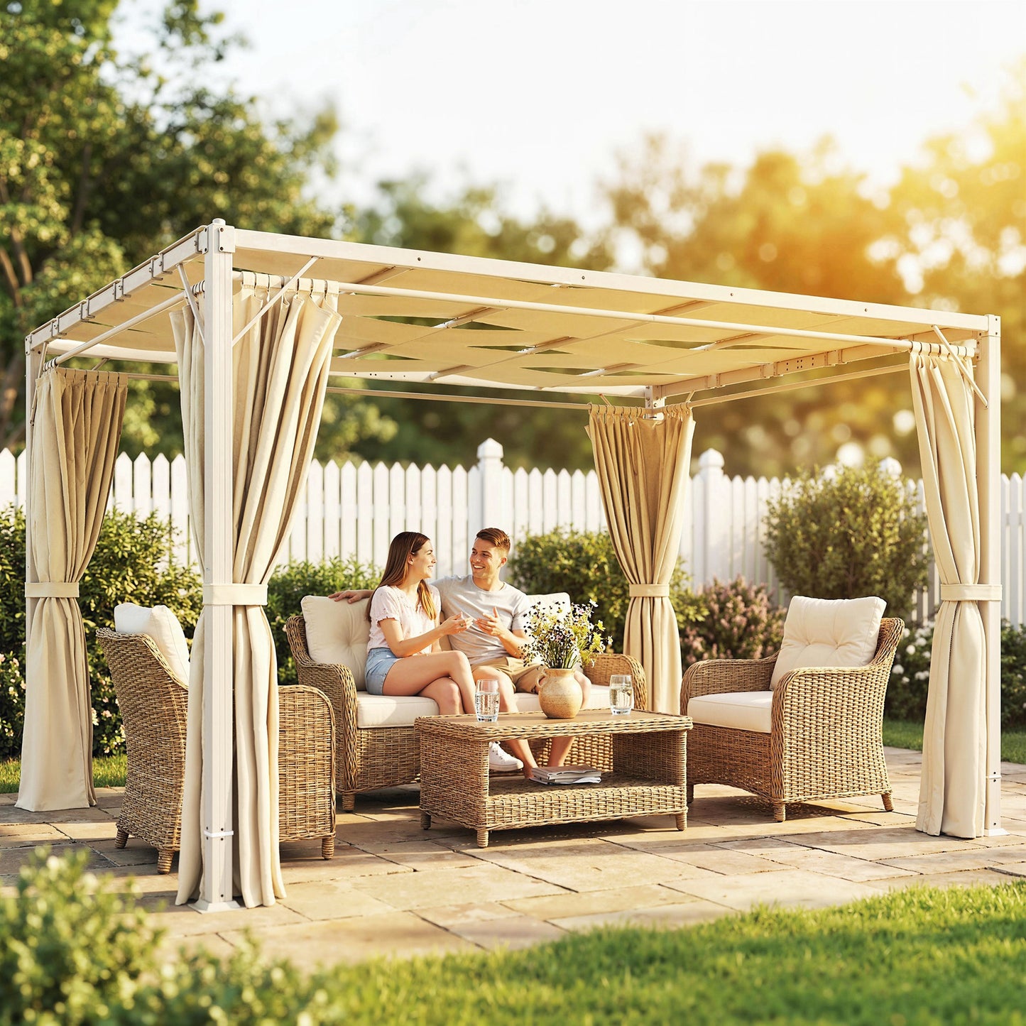 Outsunny Pérgola De Jardín 3x4 M Con Techo Ondulado Upf50+ Y Cortinas Beige_1