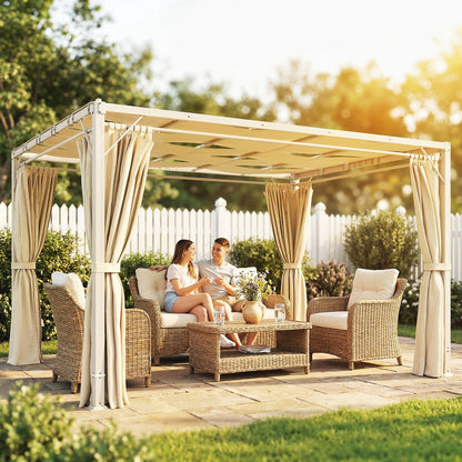 Outsunny Pérgola De Jardín 3x4 M Con Techo Ondulado Upf50+ Y Cortinas Beige_1