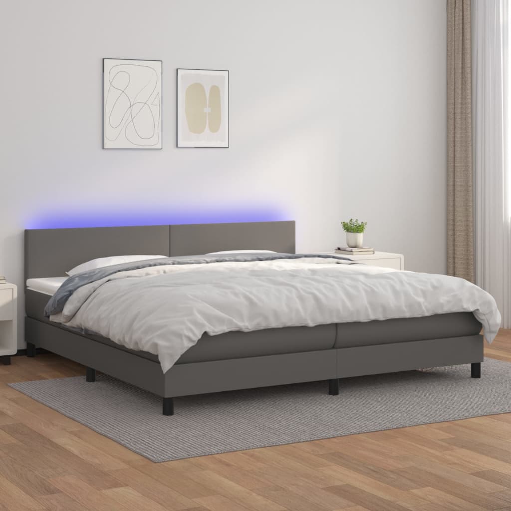 Cama Box Spring Colchón Y Led Cuero Sintético Gris 200x200 Cm / Vetonek_0