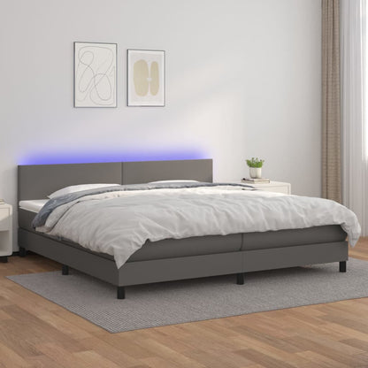 Cama Box Spring Colchón Y Led Cuero Sintético Gris 200x200 Cm / Vetonek_0