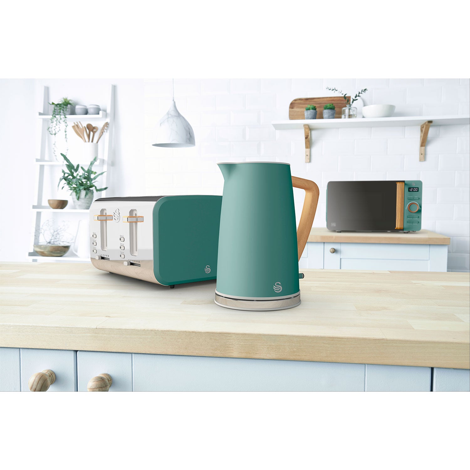 Swan Nordic Set Desayuno, Hervidor Agua 1,7 L, Tostadora Ranura Ancha 4 Rebanadas, Diseño, Stp2091greneu, Verde_1