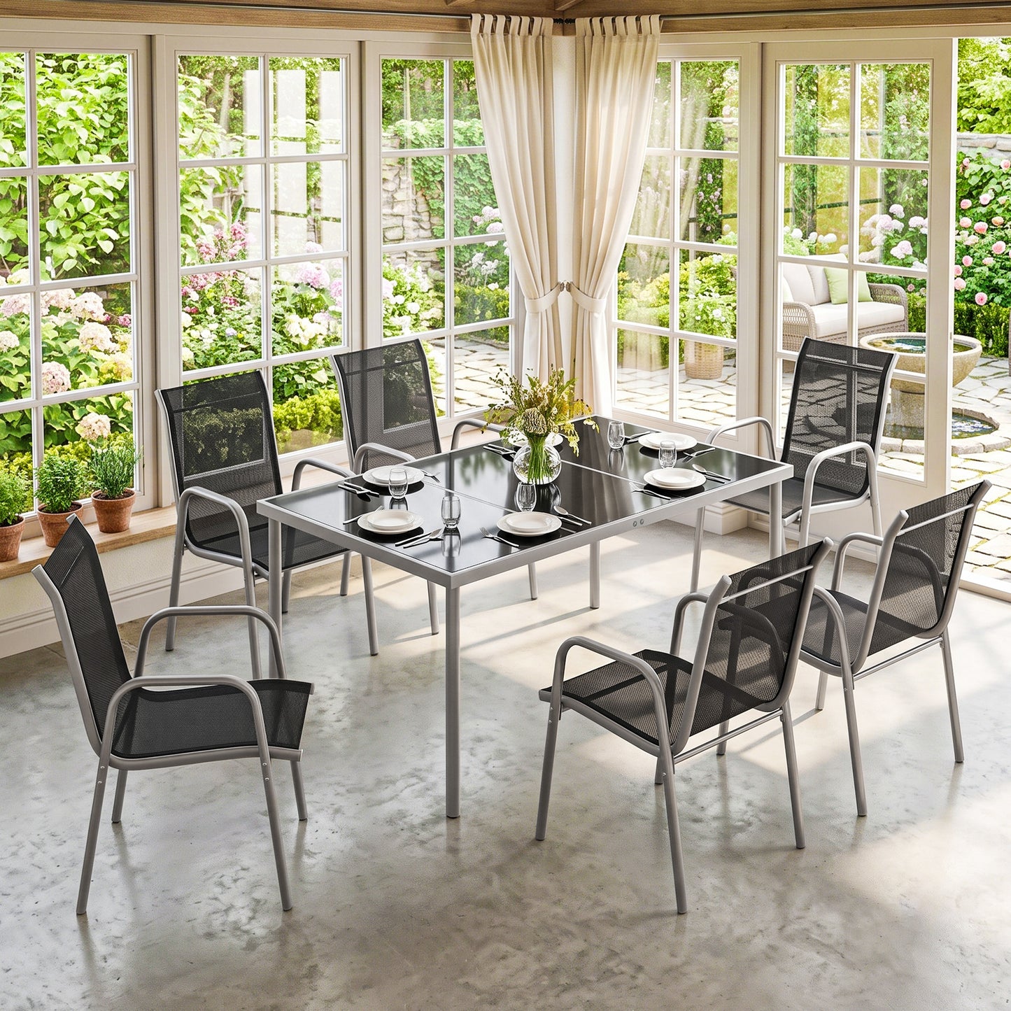 Outsunny Conjunto De Mesa Y Sillas Jardín De 7 Piezas Con Sillas Transpirables_3