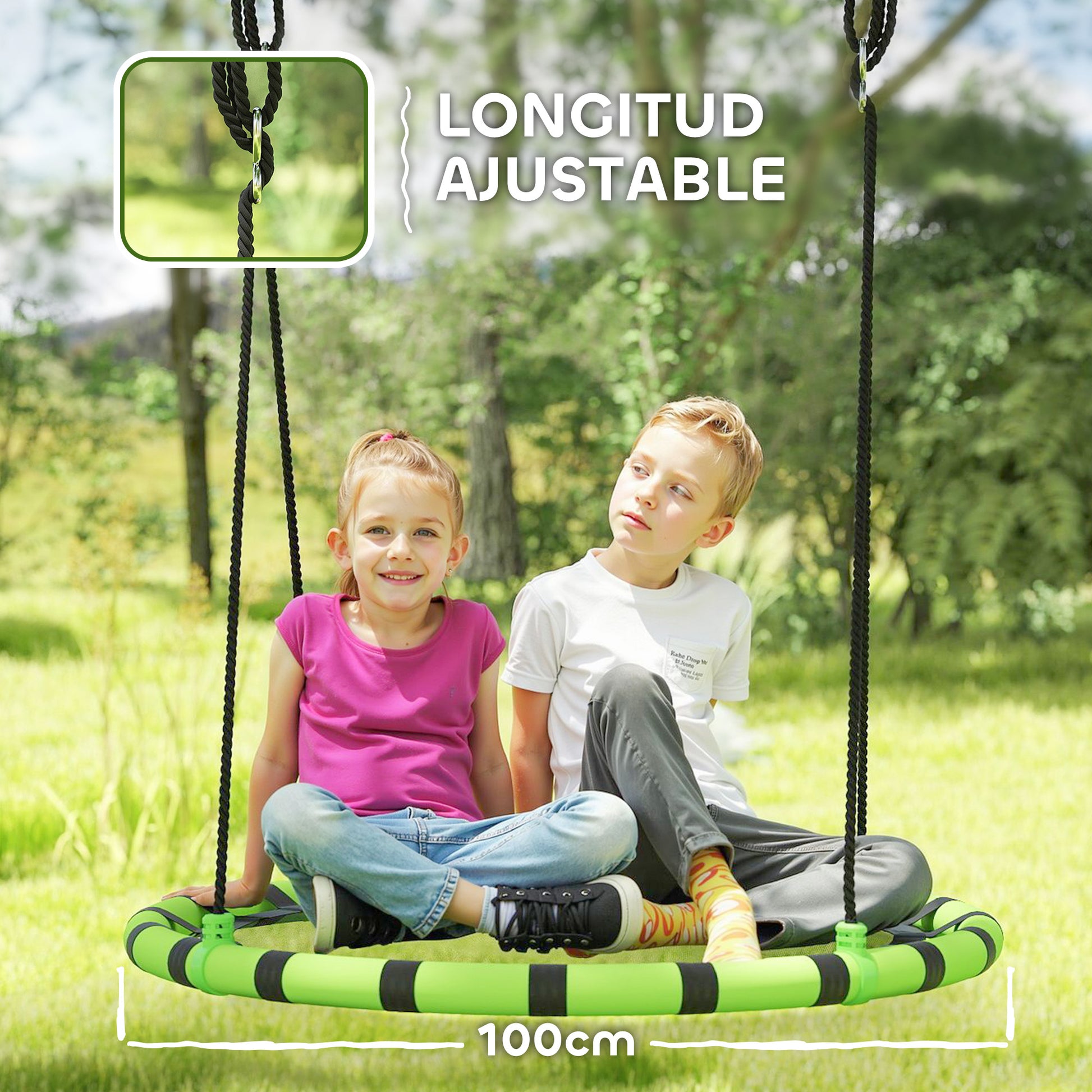 Aiyaplay Columpio Para Niños Redondo Ajustable Ø100x180 Cm Negro Y Verde_4