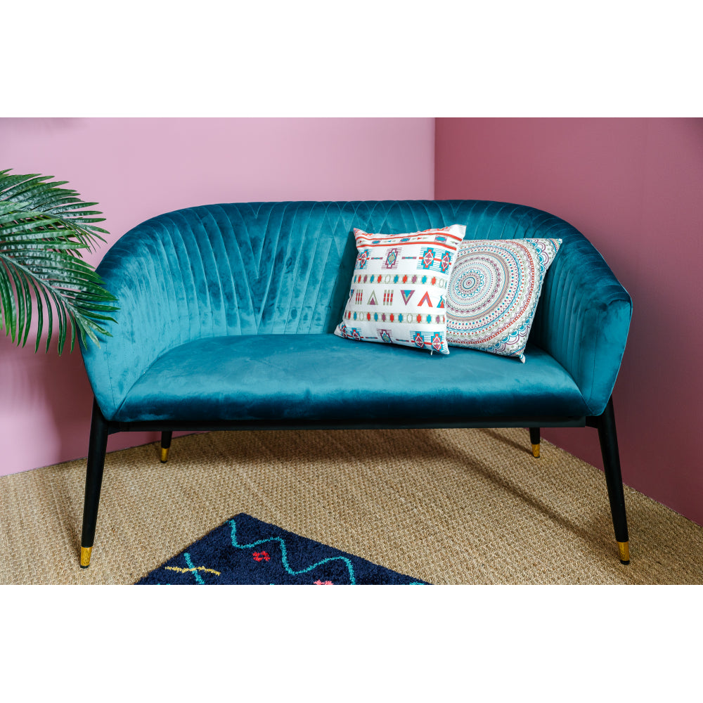 Sofá 2 Plazas Terciopelo Pavo Real Azul Tapizado Con Pies Glamour Negro Diseño De Moda 131x67x79cm- Sofá Recto_4