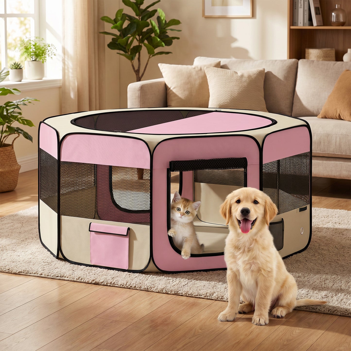 Pawhut Parque Para Mascotas Plegable 90x90x41cm Impermeable De Tela Oxford Rosa_4