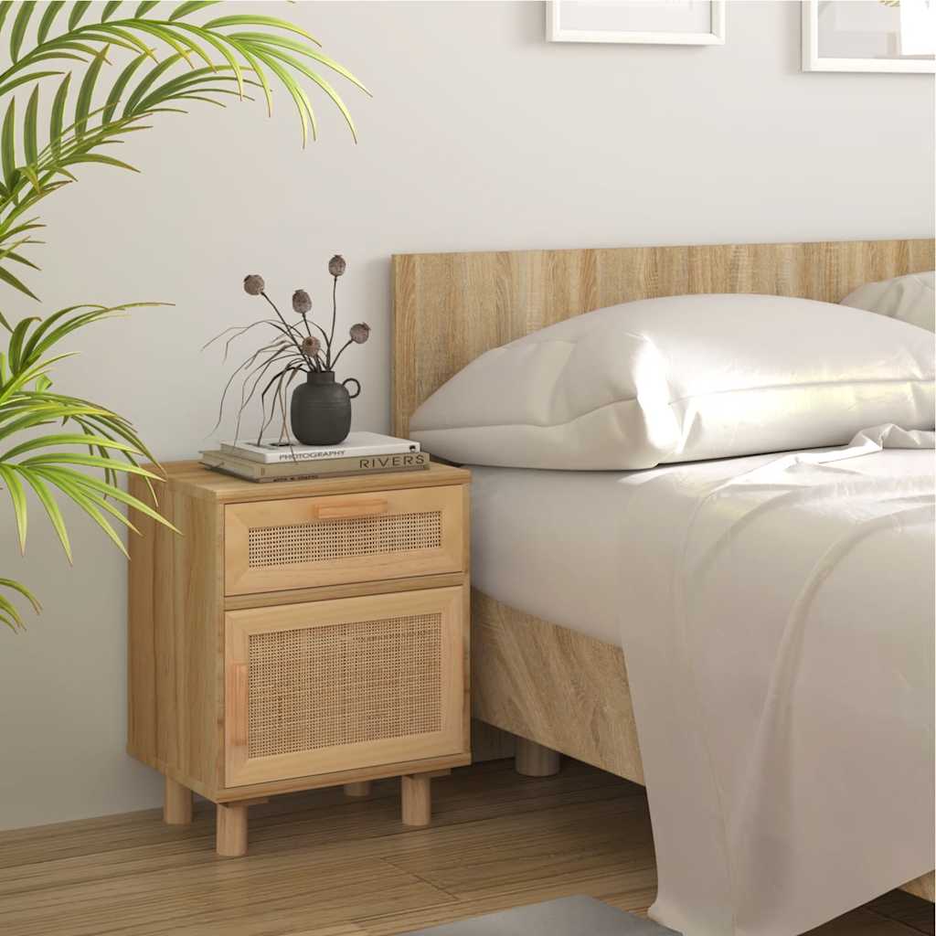 Mesitas De Noche 2 Uds Madera Maciza Pino Marrón Ratán Natural_1