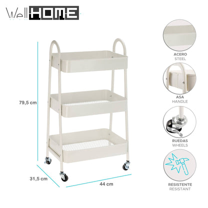 Well Home Carro De Cocina Blanco Con 3 Cestas Y Ruedas H.79,5cm