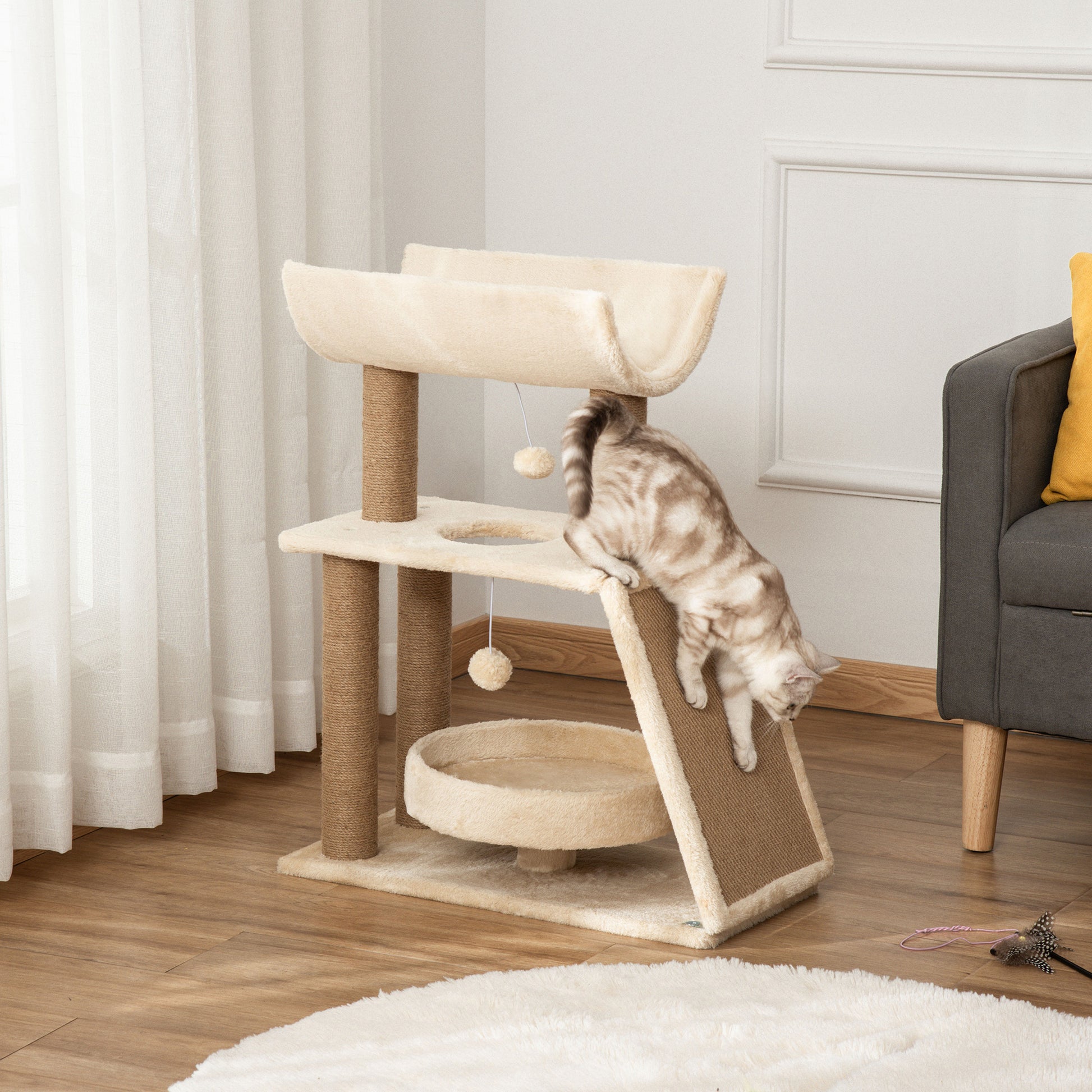 Pawhut Rascador Para Gatos Altura 76 Cm Con Plataforma En U Marrón Claro_1