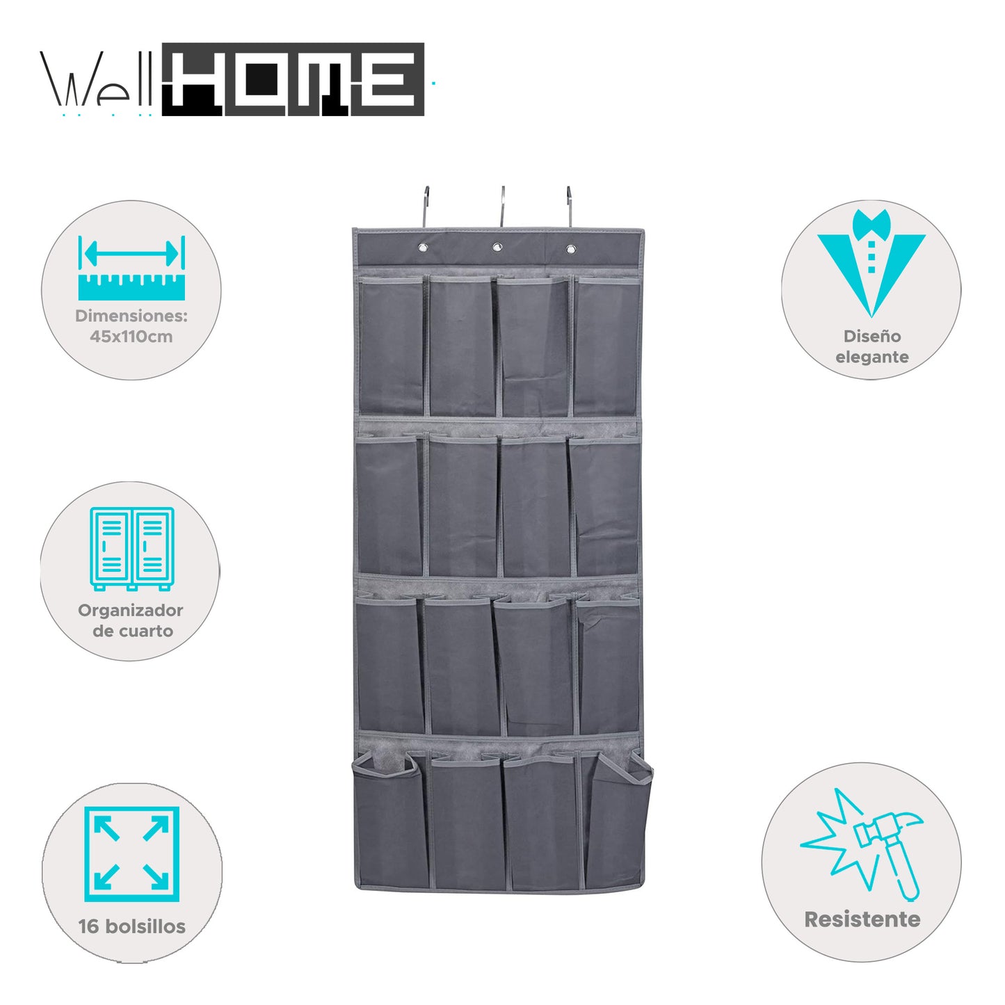 Organizador De Puertas Con 16 Casillas Y 3 Ganchos De Metal Gris - Well Home_1