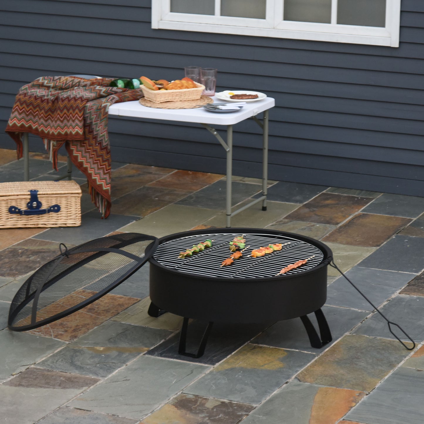 Outsunny Brasero Exterior Ø76x49,5 Cm 2 En 1 Con Parrilla Barbacoa Calefacción_1