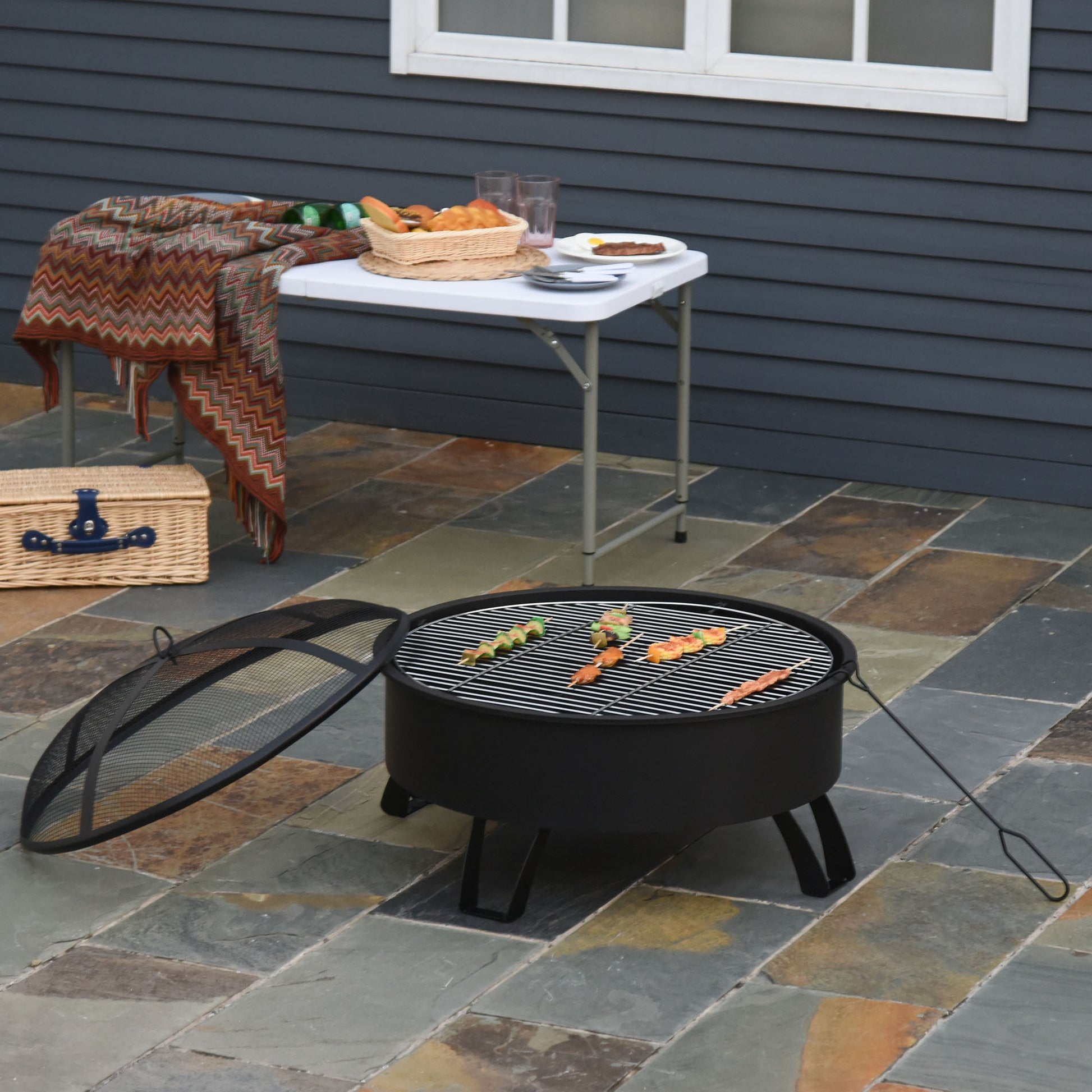 Outsunny Brasero Exterior Ø76x49,5 Cm 2 En 1 Con Parrilla Barbacoa Calefacción_1