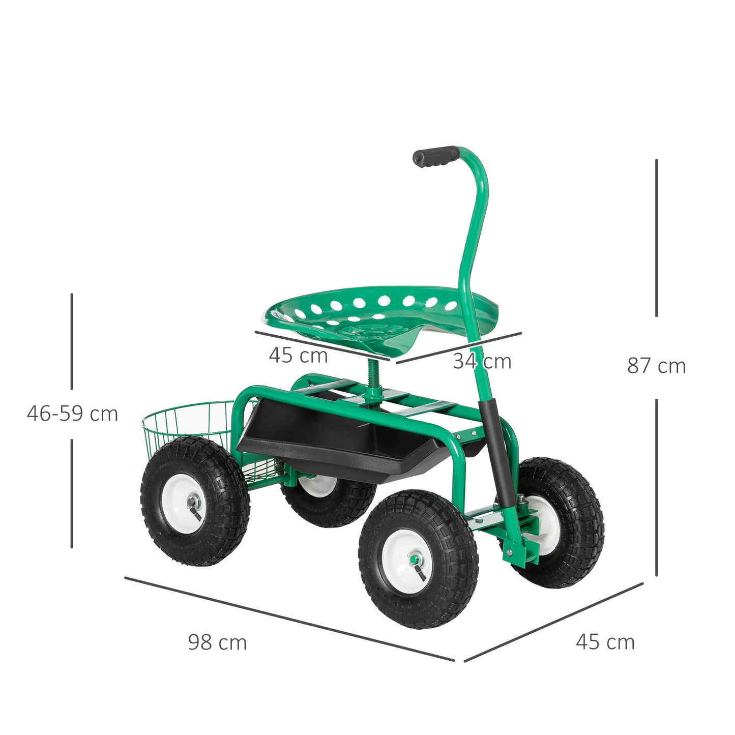 Asiento De Jardín Con Ruedas Bandeja De Herramientas Cesta Para Exterior Verde_2