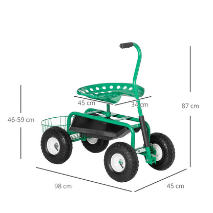 Asiento De Jardín Con Ruedas Bandeja De Herramientas Cesta Para Exterior Verde_2