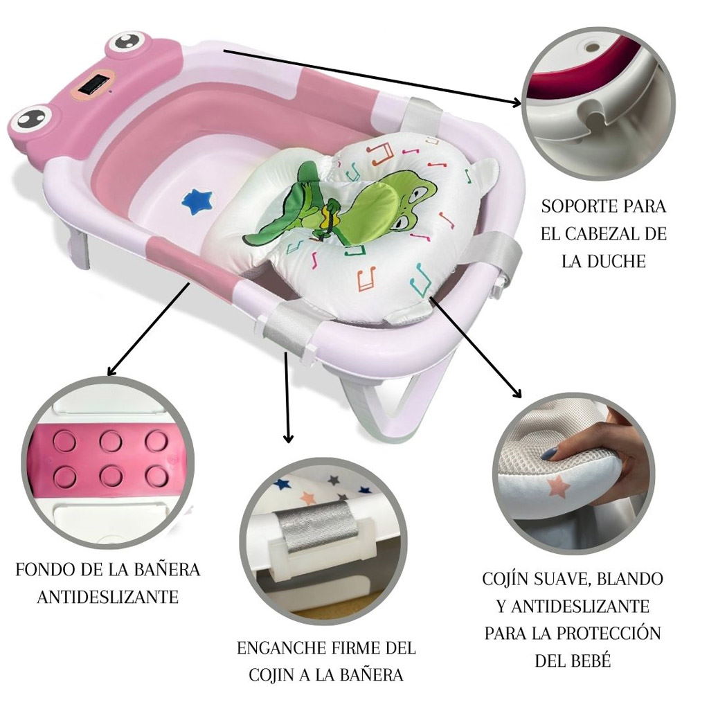 Bathby Bañera Plegable Para Bebés Recién Nacidos, Cojín Rana, Termómetro, Patas Antideslizantes (rosa Rana)_4