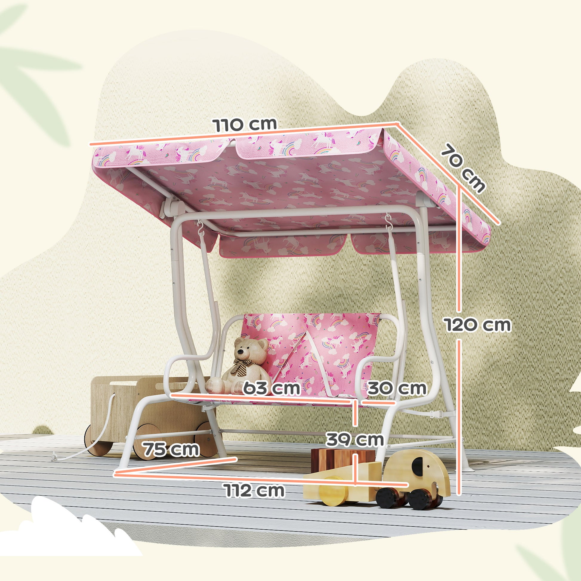 Aiyaplay Columpio Jardín Para Niños De 2 Plazas Toldo Diseño De Unicornio Rosa_2