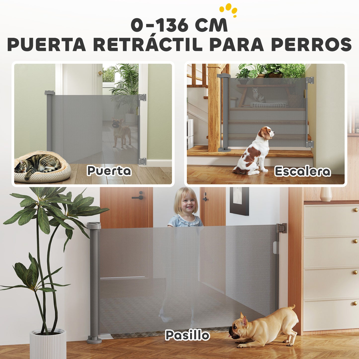 Pawhut Barrera De Seguridad Para Perros Retráctil 0-136 Cm Para Escaleras_4