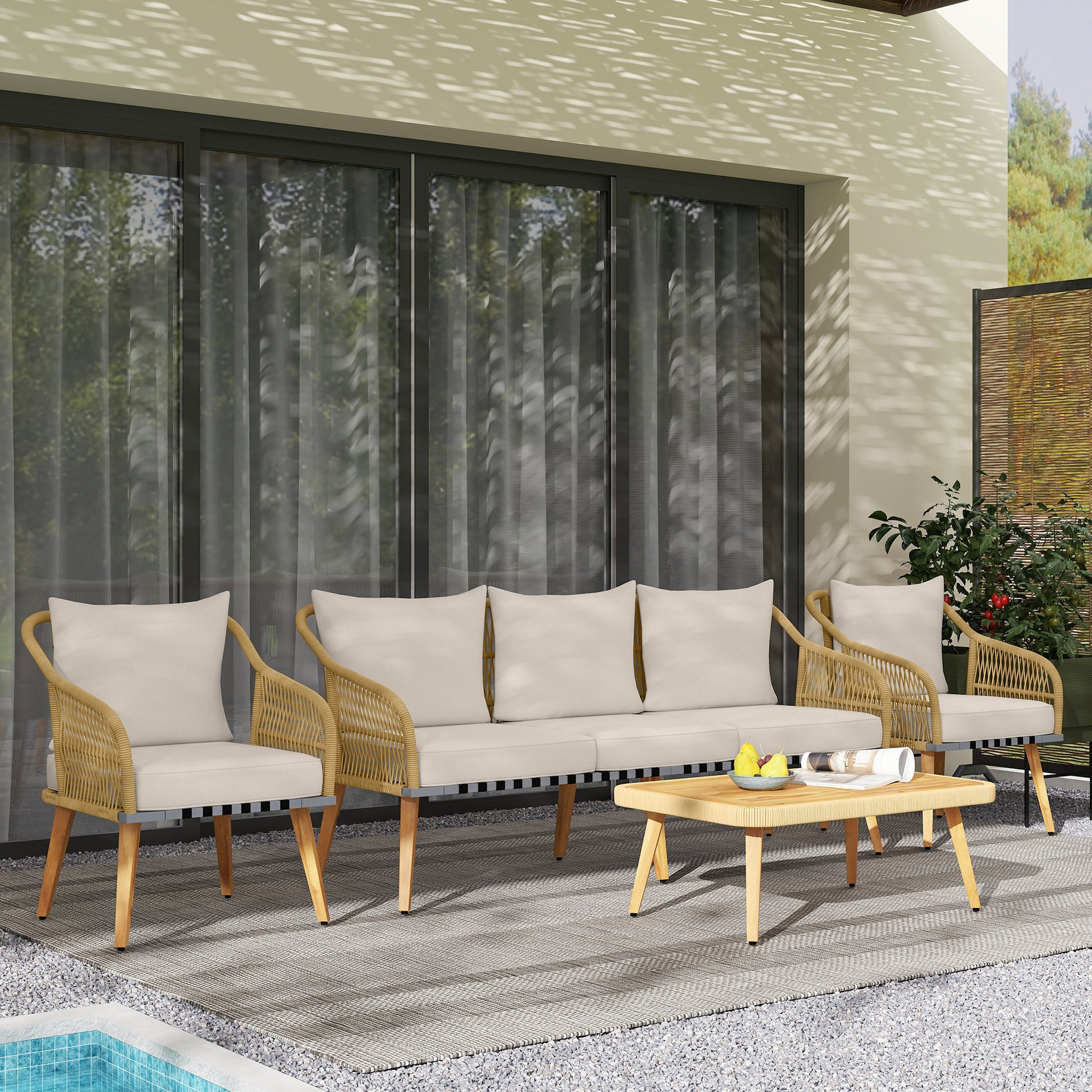 Outsunny Conjunto Jardín Exterior De Ratán Con Cojines Patas De Madera De Acacia_4
