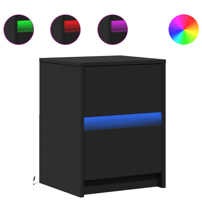Mesitas De Noche Con Luces Led 2 Uds Madera Ingeniería Negra_0