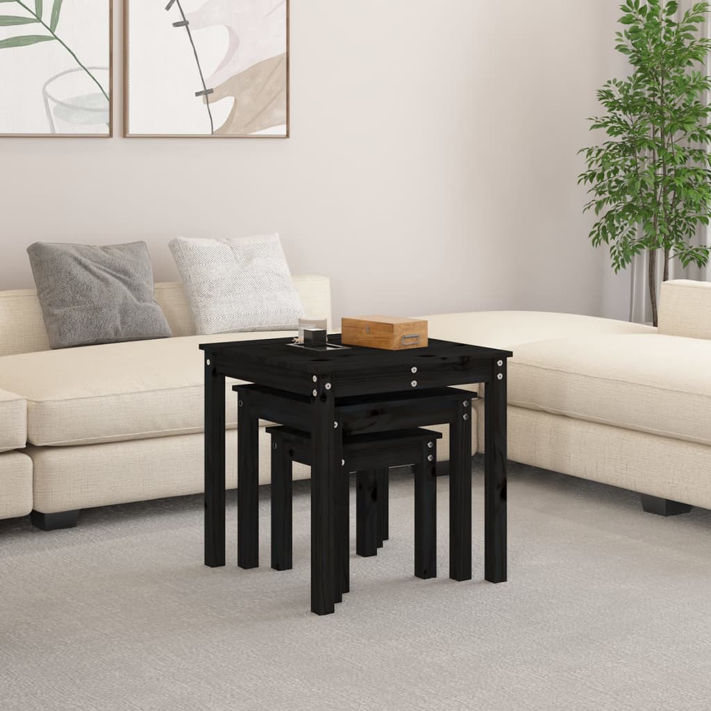 Mesas Apilables 3 Piezas Madera Maciza De Pino Negro_1