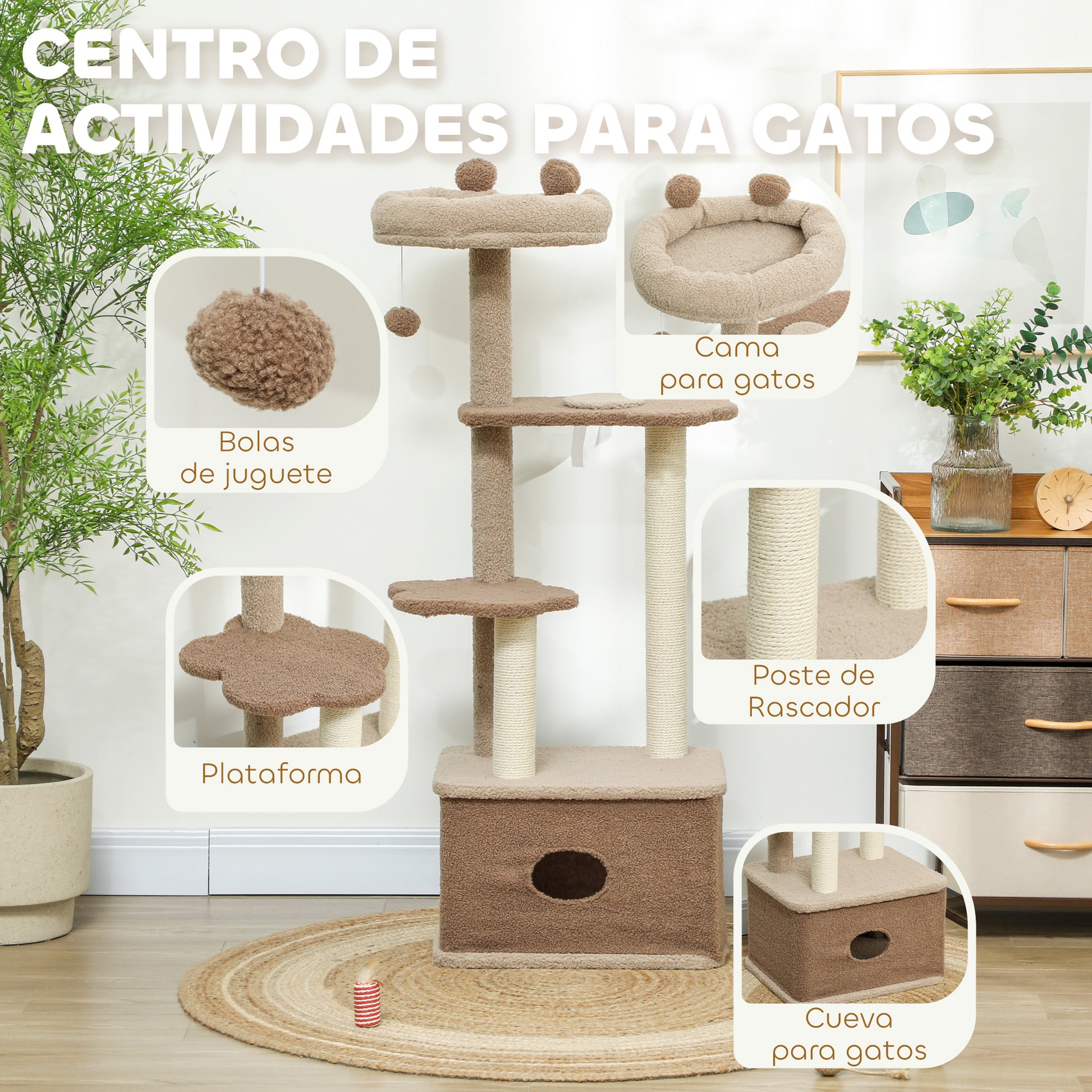 Pawhut Árbol Rascador Para Gatos Altura 133 Cm Con Nido Plataformas Café_3