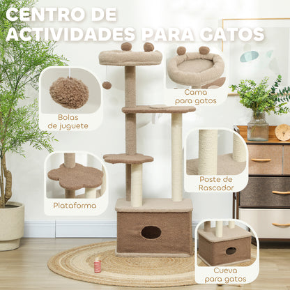 Pawhut Árbol Rascador Para Gatos Altura 133 Cm Con Nido Plataformas Café_3