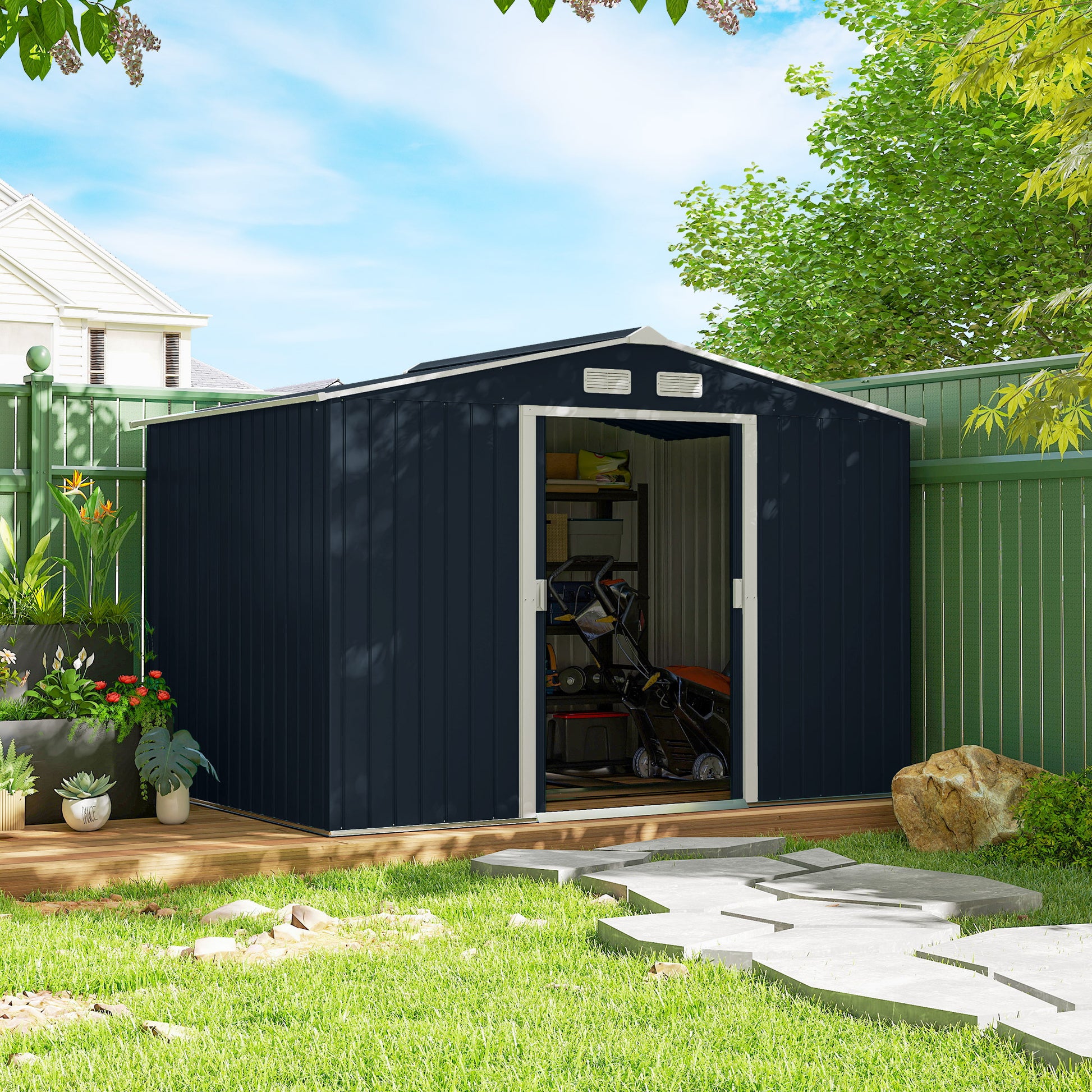Outsunny Caseta De Jardín De Exterior 4,9 M² 277x195x192 Cm Gris Oscuro_4