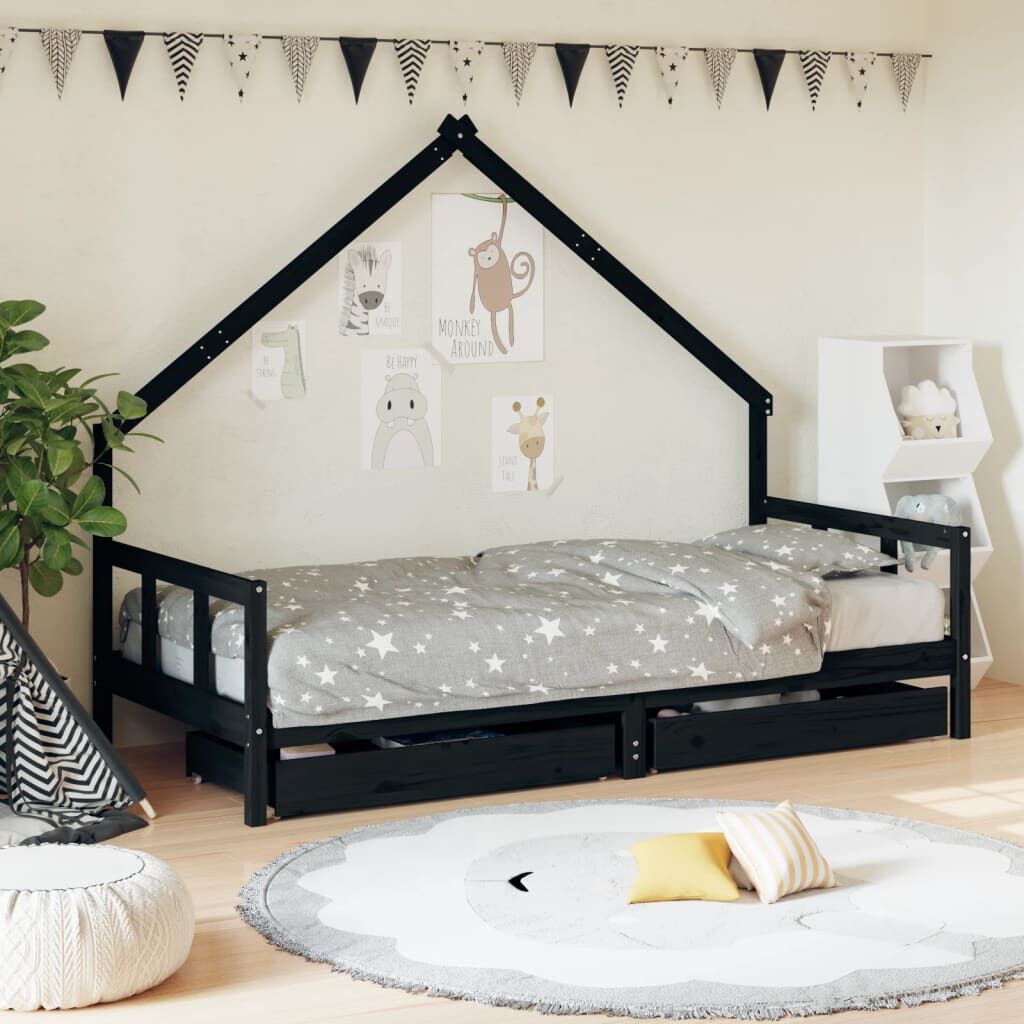 Vidaxl Estructura De Cama Niños Con Cajones Madera Pino Negro 90x200cm_1