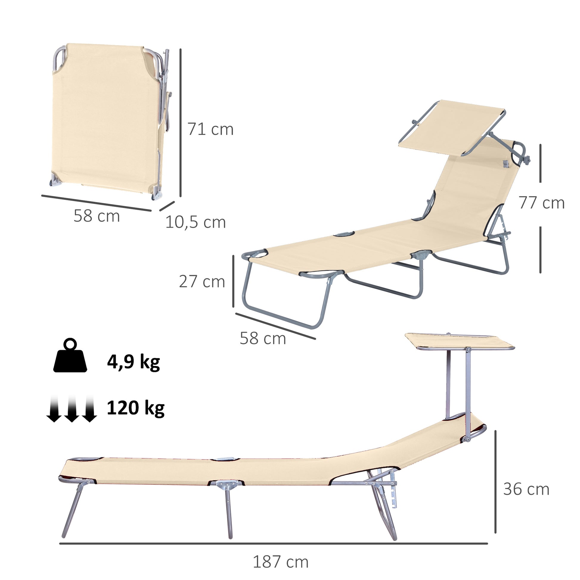 Outsunny Tumbona De Jardín Plegable Con Toldo Desmontable 187x58x36cm Beige_2