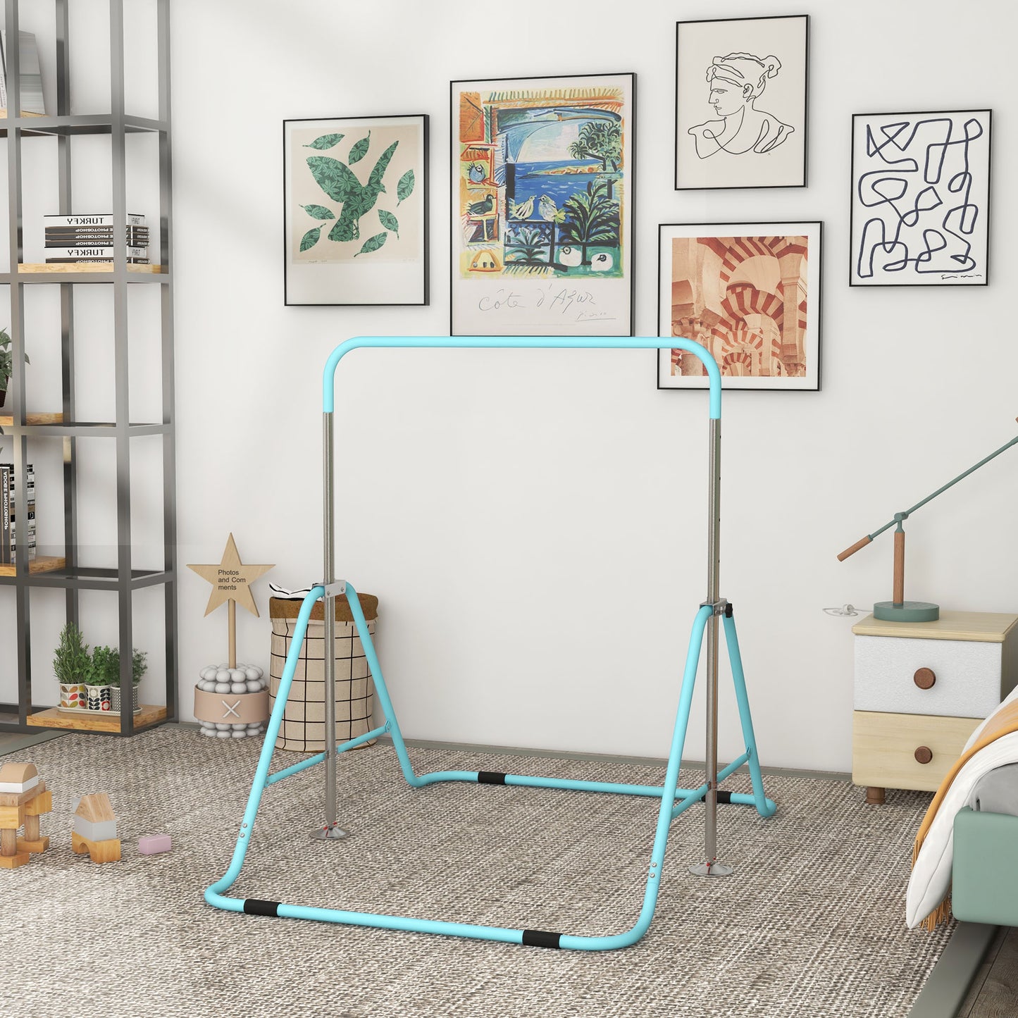 Homcom Barra De Gimnasia Artística Plegable Altura Ajustable Azul Celeste_3