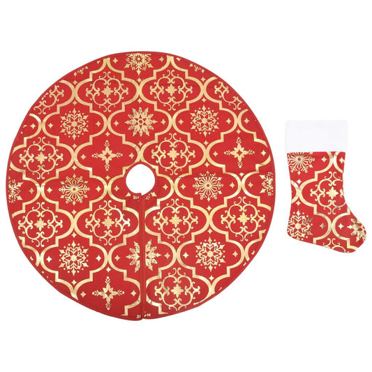Vidaxl Falda Del Árbol De Navidad De Lujo Con Calcetín Tela Roja 90 Cm_0
