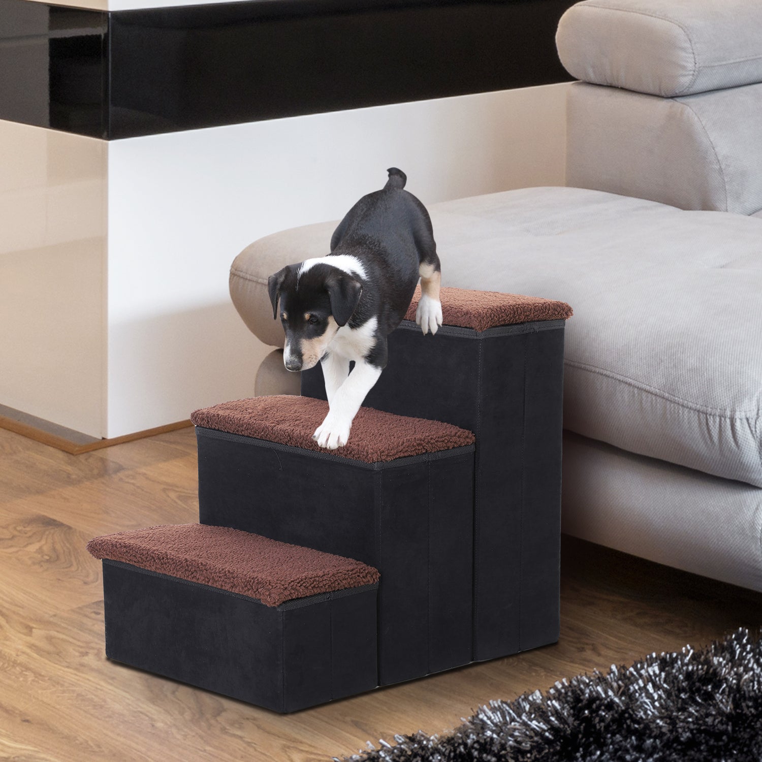 Escalera Para Mascotas 3 Peldaños Plegable Con Tapas Abatibles 40x54x48cm Negro_1