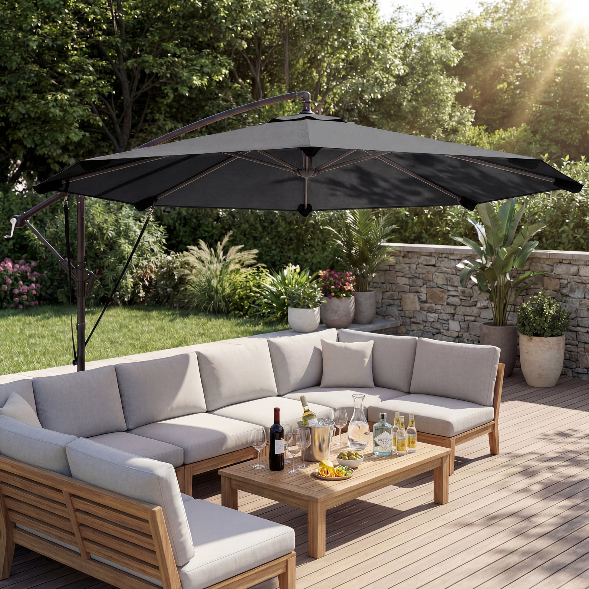 Outsunny Parasol Excéntrico Ø300 Cm Con Base Cruzada Manivela Y Funda Gris_3