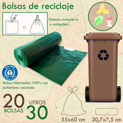 100% Reciclado 3 Rollos De 20 Bolsas De Basura Con Autocierre 30l_1