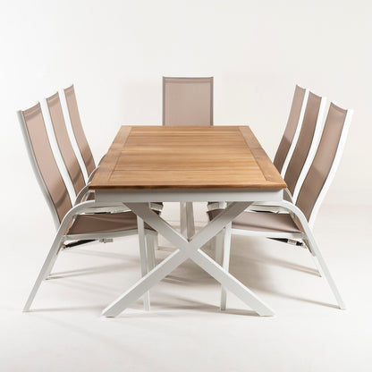 Conjunto Mesa De Exterior Extensible 220/280 Y 8 Sillones Reclinables Hidráulicos, Aluminio Blanco Y Tablero De Teca, Textilene Taupé, 8 Plazas_3
