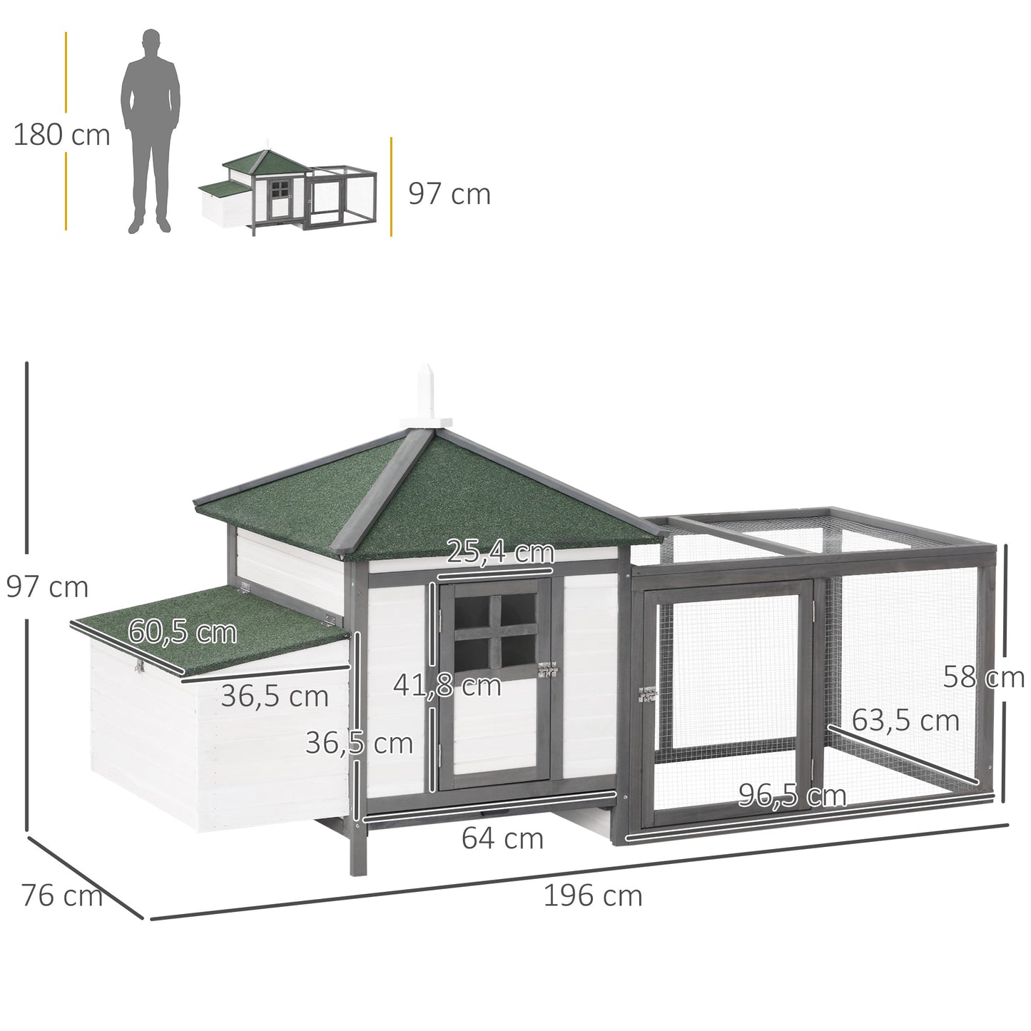 Pawhut Gallinero De Madera Con Caja Nido Espacio Para Correr 196x76x97cm Gris_2