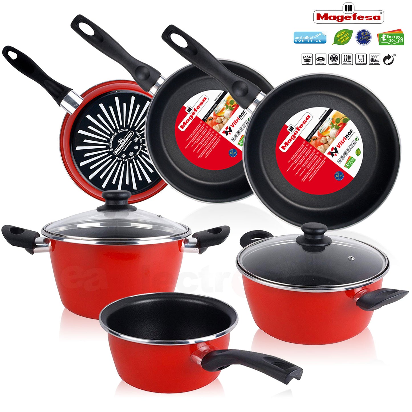 Bateria De Cocina 5 Piezas + Set Juego 3 Sartenes 18-20-24cm, Acero Vitrificado 820ºc, Libre Pfoa Magefesa Grana, Rojo