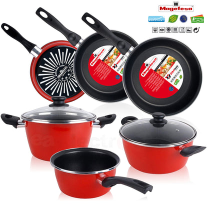 Bateria De Cocina 5 Piezas + Set Juego 3 Sartenes 18-20-24cm, Acero Vitrificado 820ºc, Libre Pfoa Magefesa Grana, Rojo