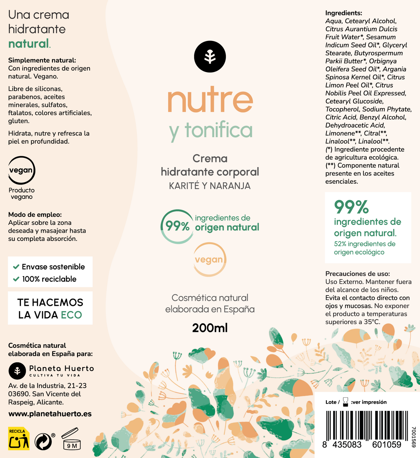 Crema hidratante corporal Karité y Naranja Planeta Huerto 200 ml