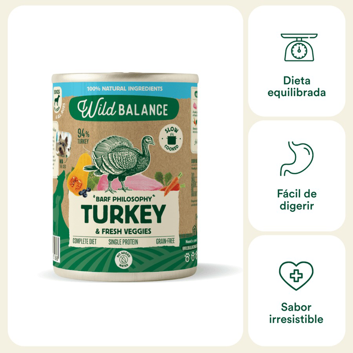 Menú completo BARF de Pavo para perros, Wild Balance, 400 g