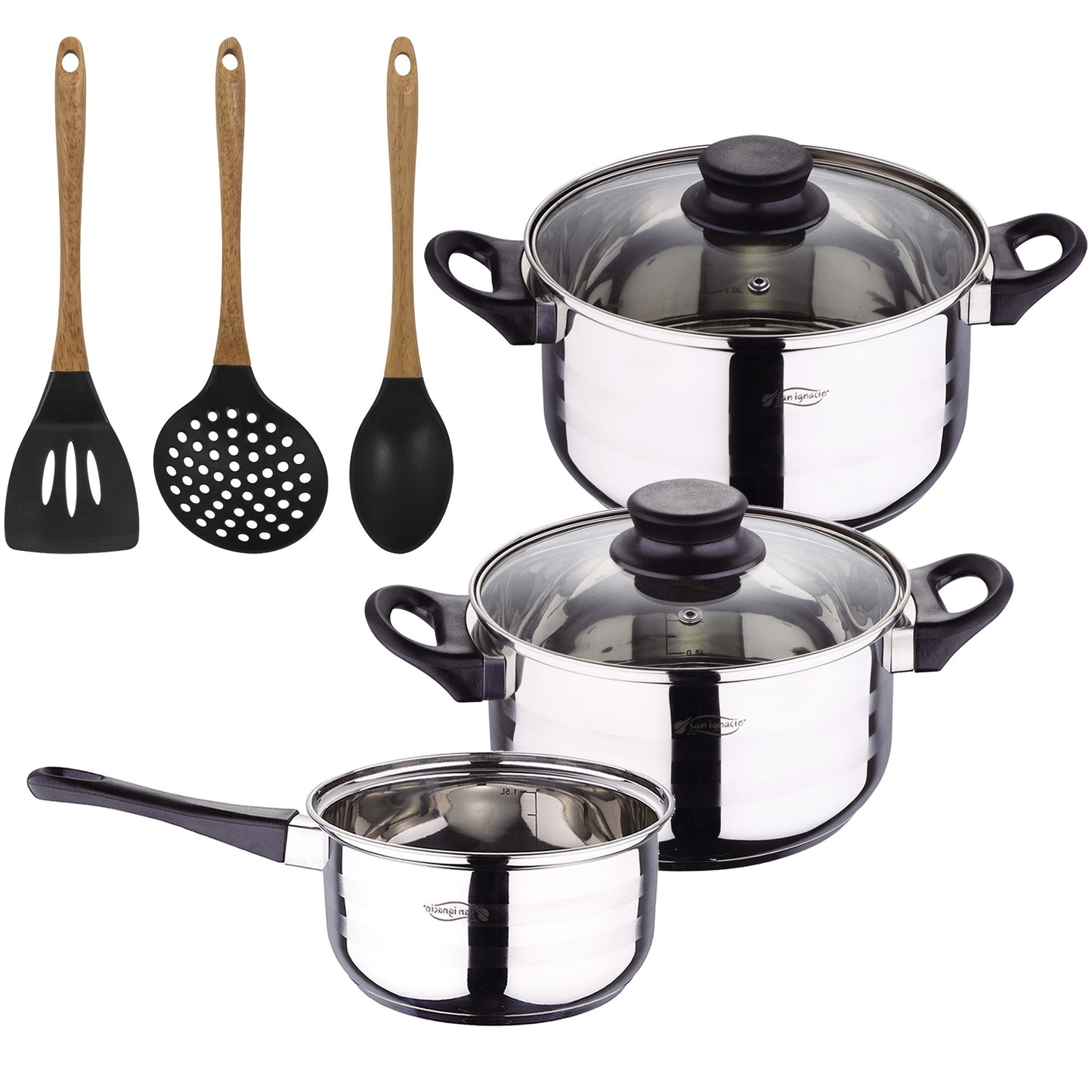 Bateria De Cocina 5 Piezas San Ignacio De Acero Inoxidable Con Set De 3 Utensilios De Cocina En Silicona Foodies