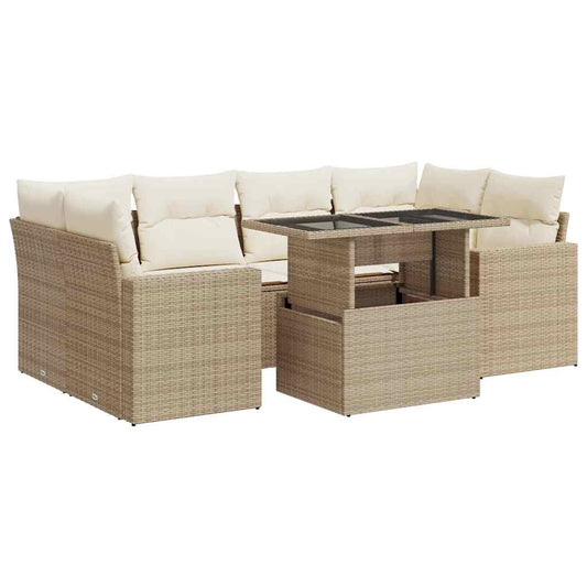 Set Sofás De Jardín 7 Piezas Y Cojines Ratán Sintético Beige / Vetonek_0