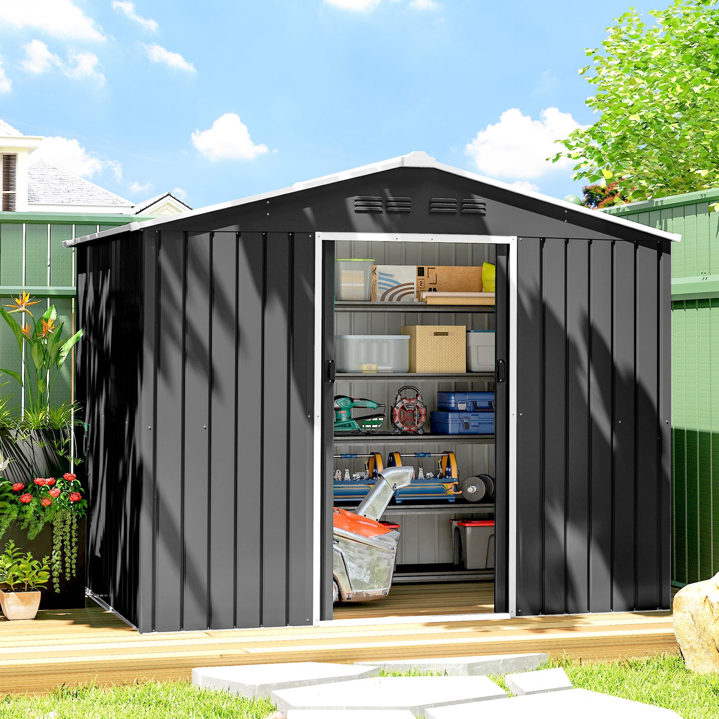 Outsunny Caseta De Jardín Exterior 3,6 M² 236x171x191 Cm Puerta Corredera Gris_1