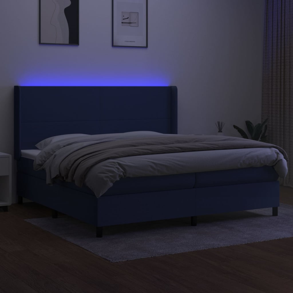 Cama Box Spring Colchón Y Luces Led Tela Azul 200x200 Cm / Vetonek_0