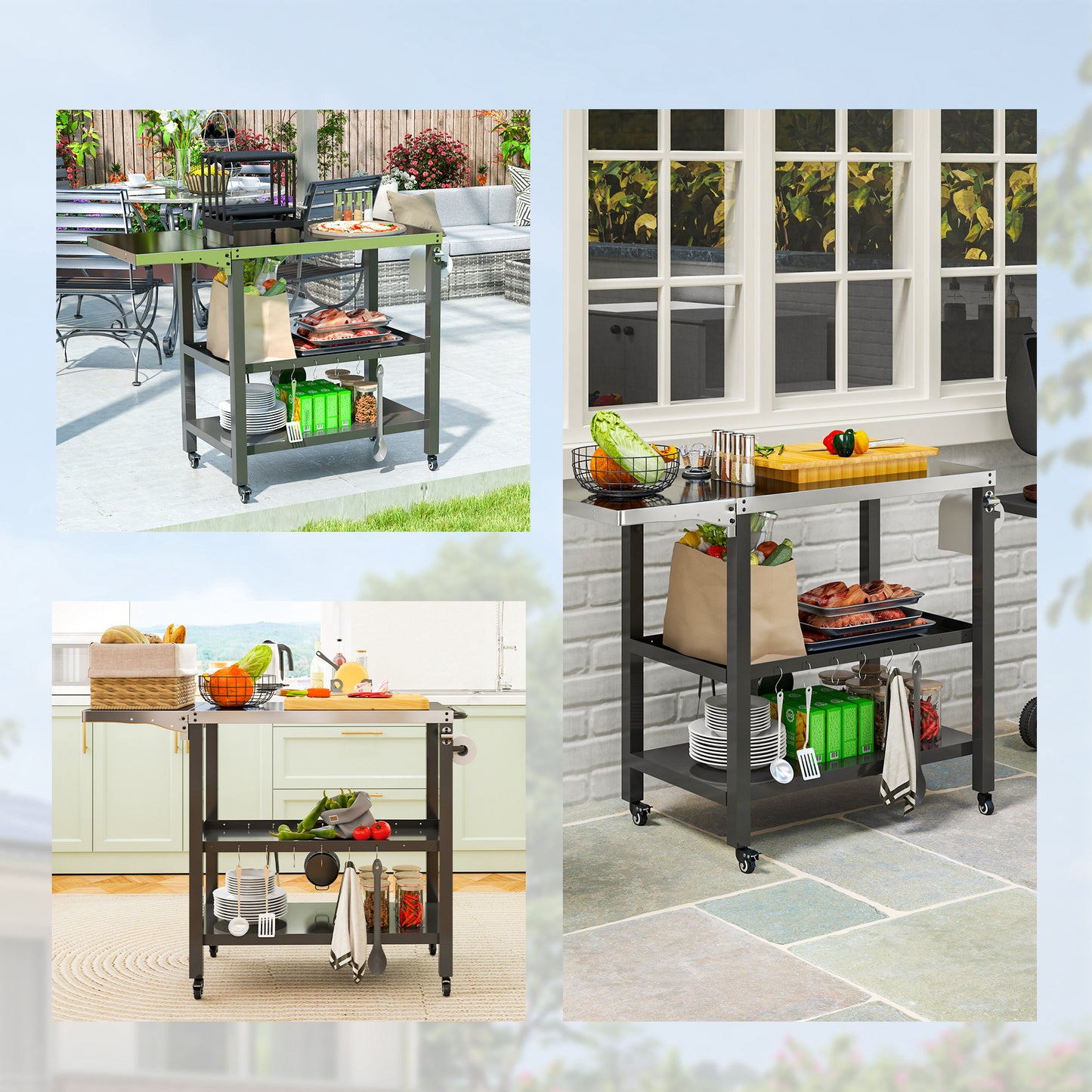 Outsunny Carrito De Parrilla De 3 Niveles Con 4 Ruedas Estantes Y Asa Negro_3