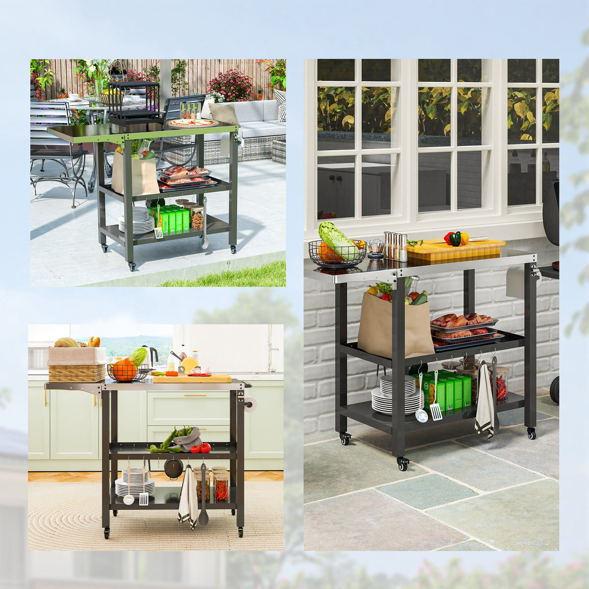 Outsunny Carrito De Parrilla De 3 Niveles Con 4 Ruedas Estantes Y Asa Negro_3