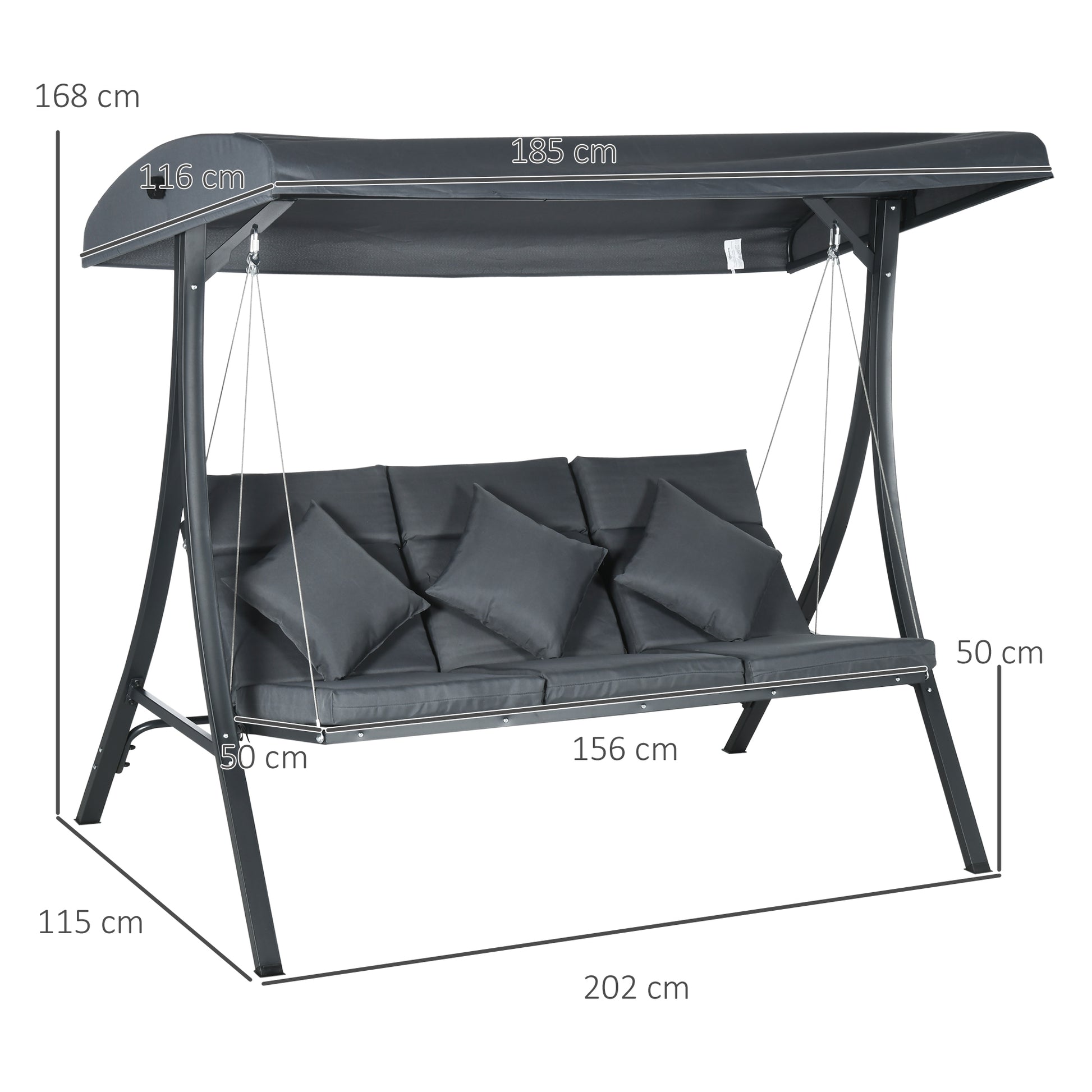 Outsunny Columpio De Jardín De 3 Plazas Con Techo Ajustable 202x115x168 Cm Gris_2